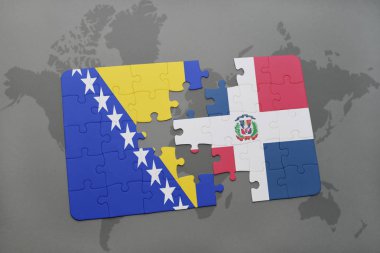 Bosna ve Hersek ve Dominik Cumhuriyeti ulusal bayrak bir dünya haritası üzerinde ile bulmaca