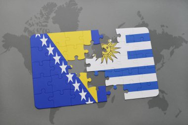 Bosna ve Hersek ve uruguay ulusal bayrak bir dünya haritası üzerinde ile bulmaca