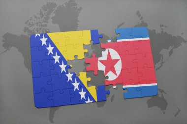 Bosna ve Hersek ve Kuzey Kore ulusal bayrak bir dünya haritası üzerinde ile bulmaca