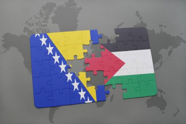 Bosna ve Hersek ve Filistin Ulusal bayrak bir dünya haritası üzerinde ile bulmaca