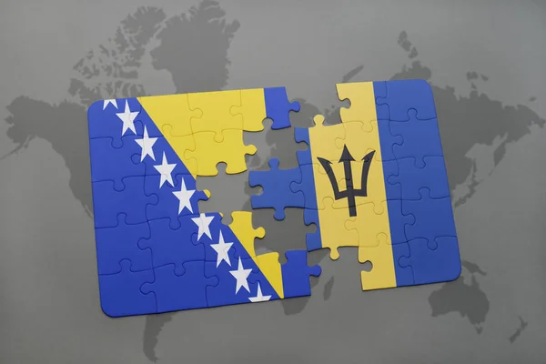 Bosna ve Hersek ve barbados ulusal bayrak bir dünya haritası üzerinde ile bulmaca — Stok fotoğraf