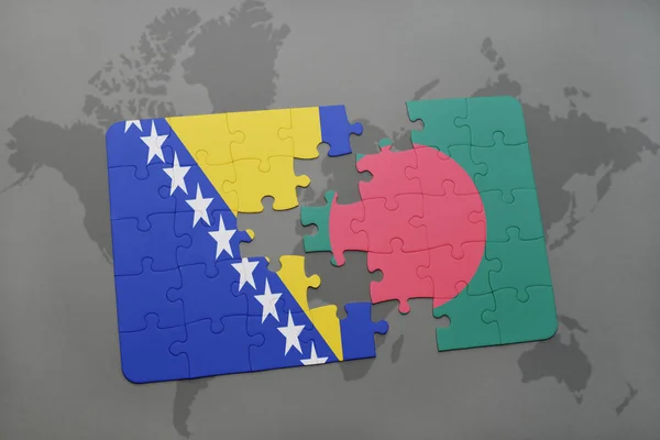 Puzzle s státní vlajka Bosny a Hercegoviny a Bangladéš na mapě světa — Stock fotografie