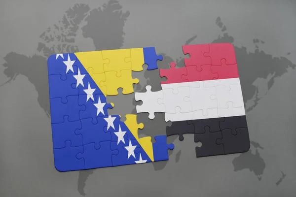 Puzzle com a bandeira nacional da Bósnia e Herzegovina e do Iémen num mapa do mundo — Fotografia de Stock