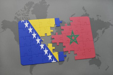 Bosna ve Hersek ve Fas bir dünya haritası üzerinde bayrağı ile bulmaca