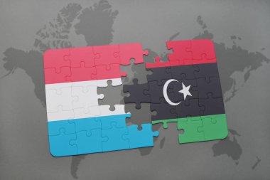 Lüksemburg ve libya ulusal bayrak bir dünya haritası üzerinde ile bulmaca