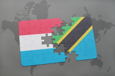 Lüksemburg ve Tanzanya bir dünya haritası üzerinde bayrağı ile bulmaca