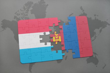 Lüksemburg ve Moğolistan ulusal bayrak bir dünya haritası üzerinde ile bulmaca