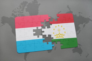 Lüksemburg ve Tacikistan Ulusal bayrak bir dünya haritası üzerinde ile bulmaca