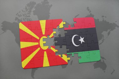Makedonya ve libya ulusal bayrak bir dünya haritası üzerinde ile bulmaca