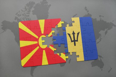 bir dünya haritası üzerinde Makedonya ve barbados bayrağı ulusal ile bulmaca