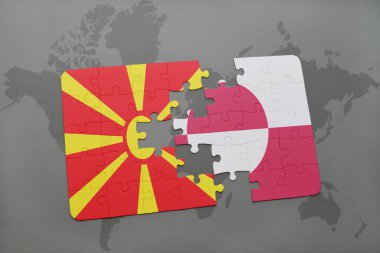 Makedonya ve Grönland Ulusal bayrak bir dünya haritası üzerinde ile bulmaca