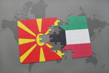 Makedonya ve Kuveyt ulusal bayrak bir dünya haritası üzerinde ile bulmaca