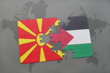 Makedonya ve Filistin Ulusal bayrak bir dünya haritası üzerinde ile bulmaca