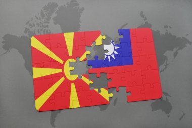 Makedonya ve Tayvan ulusal bayrak bir dünya haritası üzerinde ile bulmaca