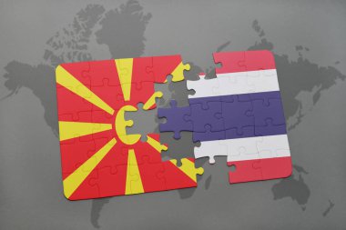 Makedonya ve Tayland ulusal bayrak bir dünya haritası üzerinde ile bulmaca