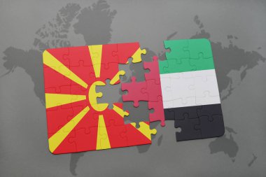 bir dünya haritası üzerinde Makedonya ve Birleşik Arap Emirlikleri bayrağı ulusal ile bulmaca