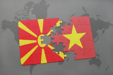 Makedonya ve vietnam ulusal bayrak bir dünya haritası üzerinde ile bulmaca