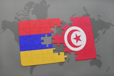 Ermenistan ve Tunus bir dünya haritası üzerinde bayrağı ile bulmaca