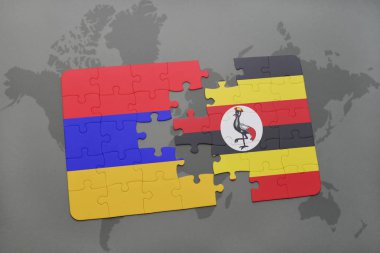 Ermenistan ve uganda ulusal bayrak bir dünya haritası üzerinde ile bulmaca