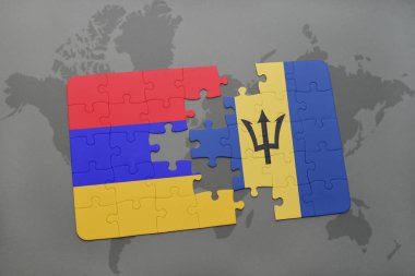 bir dünya haritası üzerinde Ermenistan ve barbados bayrağı ulusal ile bulmaca