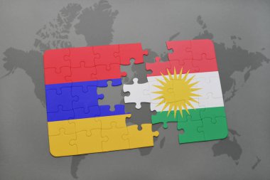 Ermenistan ve Kürdistan ulusal bayrak bir dünya haritası üzerinde ile bulmaca