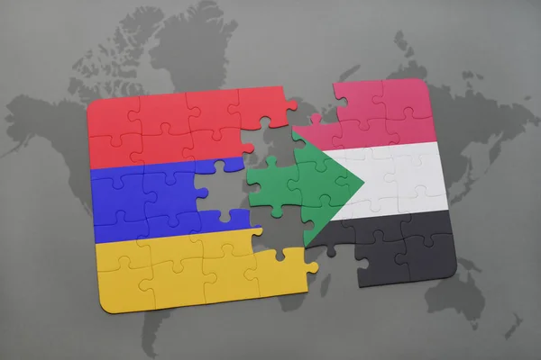 Puzzle z Flaga narodowa Armenii i Sudanu na mapie świata — Zdjęcie stockowe