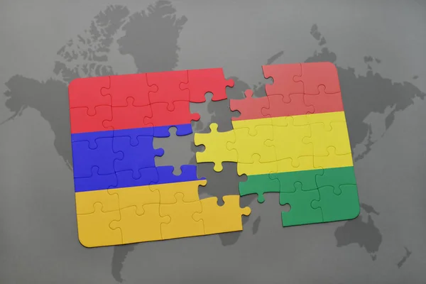 Puzzle with the national flag of armenia and bolivia on a world map — Stock Photo, Image