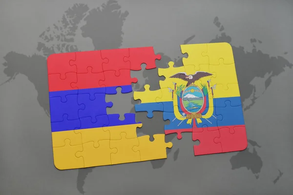 Puzzel met de nationale vlag van Armenië en ecuador op een wereldkaart — Stockfoto
