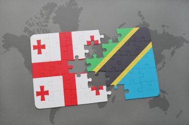 Gürcistan ve Tanzanya bir dünya haritası üzerinde bayrağı ile bulmaca