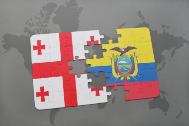 Gürcistan ve Ekvador ulusal bayrak bir dünya haritası üzerinde ile bulmaca