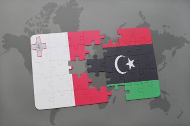 malta ve libya ulusal bayrak bir dünya haritası üzerinde ile bulmaca