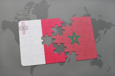 malta ve Fas bir dünya haritası üzerinde ulusal bayrak ile bulmaca