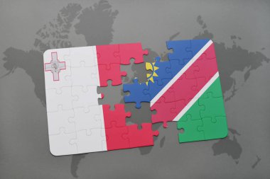 malta ve Namibya ulusal bayrak bir dünya haritası üzerinde ile bulmaca