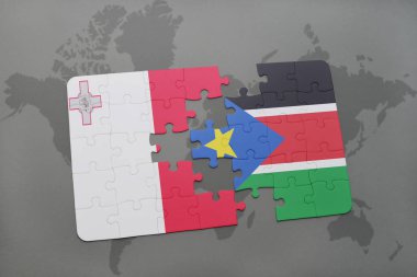 malta ve Güney sudan bir dünya haritası üzerinde bayrağı ile bulmaca