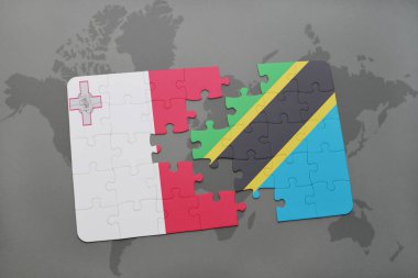 malta ve Tanzanya bir dünya haritası üzerinde bayrağı ile bulmaca