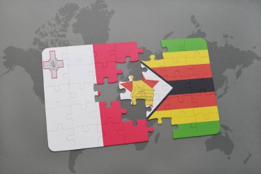 malta ve Zimbabve Ulusal bayrak bir dünya haritası üzerinde ile bulmaca