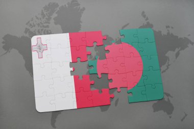 malta ve Bangladeş Ulusal bayrak bir dünya haritası üzerinde ile bulmaca
