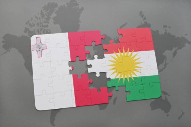 malta ve Kürdistan ulusal bayrak bir dünya haritası üzerinde ile bulmaca