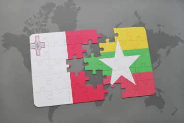 bir dünya haritası üzerinde malta ve myanmar bayrağı ulusal ile bulmaca