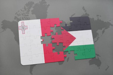 malta ve Filistin Ulusal bayrak bir dünya haritası üzerinde ile bulmaca
