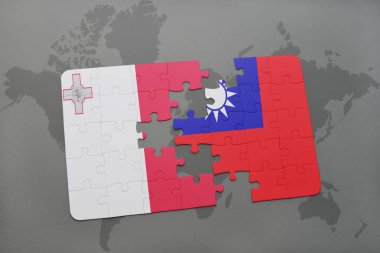 malta ve Tayvan ulusal bayrak bir dünya haritası üzerinde ile bulmaca