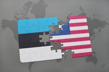 Estonya ve Liberya ulusal bayrak bir dünya haritası üzerinde ile bulmaca