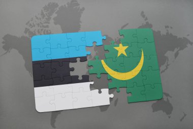 Estonya ve Moritanya ulusal bayrak bir dünya haritası üzerinde ile bulmaca