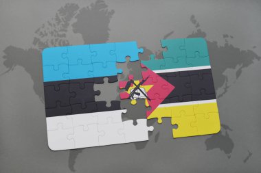 Estonya ve Mozambik bir dünya haritası üzerinde bayrağı ile bulmaca