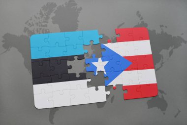 Estonya ve Porto Riko bir dünya haritası üzerinde bayrağı ile bulmaca