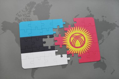 Estonya ve Kırgızistan ulusal bayrak bir dünya haritası üzerinde ile bulmaca