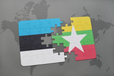Estonya ve myanmar ulusal bayrak bir dünya haritası üzerinde ile bulmaca