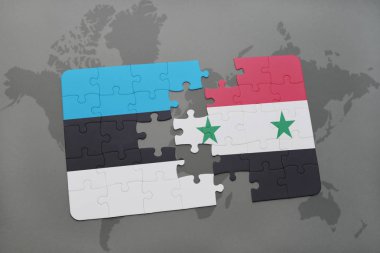 Estonya ve Suriye ulusal bayrak bir dünya haritası üzerinde ile bulmaca