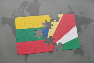 Litvanya ve Seyşeller ulusal bayrak bir dünya haritası üzerinde ile bulmaca