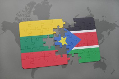 Litvanya ve bir dünya haritası üzerinde Güney sudan bayrağı ile bulmaca